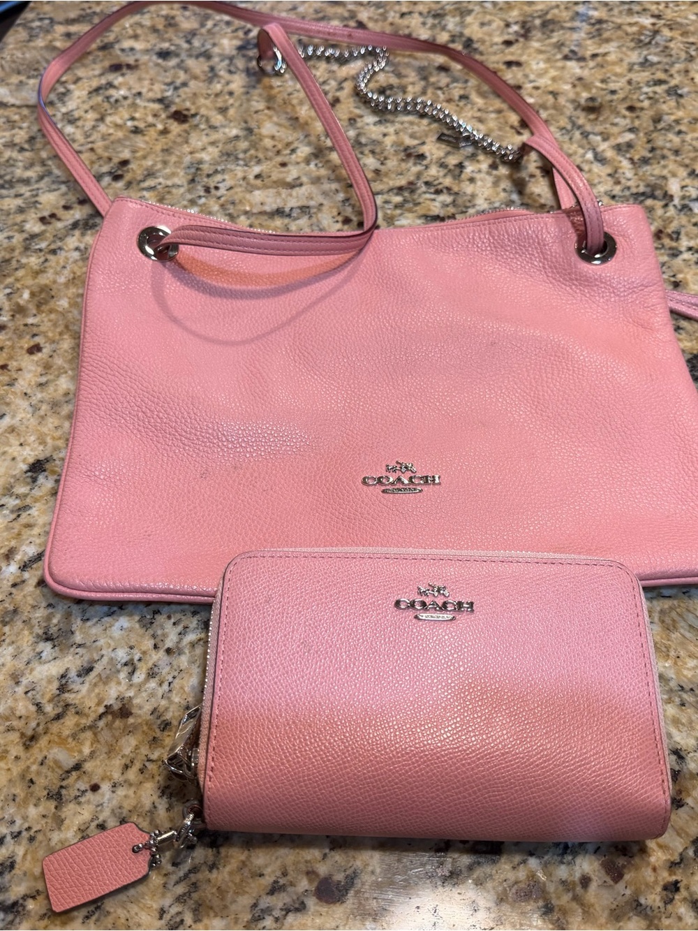 Coach Pink Pebbled Leather Shoulder Bag with Matching Wallet